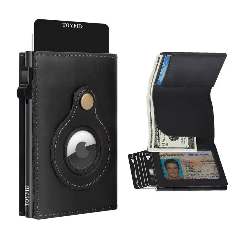 TOYFID Leather Wallet for Men, RFID Blocking Pop up Card Holder with Slide Ejector Button, ID Window, Airtag Slot, Mirror, Large Capacity Organiser for Credit Card/Bank Card/Cash-0