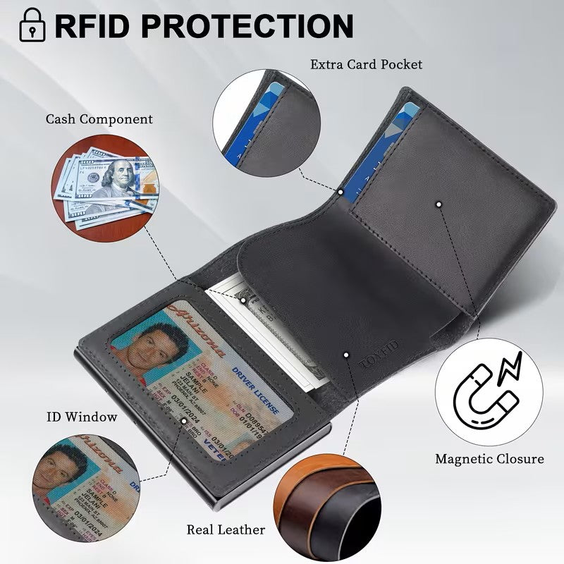 TOYFID Leather Wallet for Men, RFID Blocking Pop up Card Holder with Slide Ejector Button, ID Window, Airtag Slot, Mirror, Large Capacity Organiser for Credit Card/Bank Card/Cash-3
