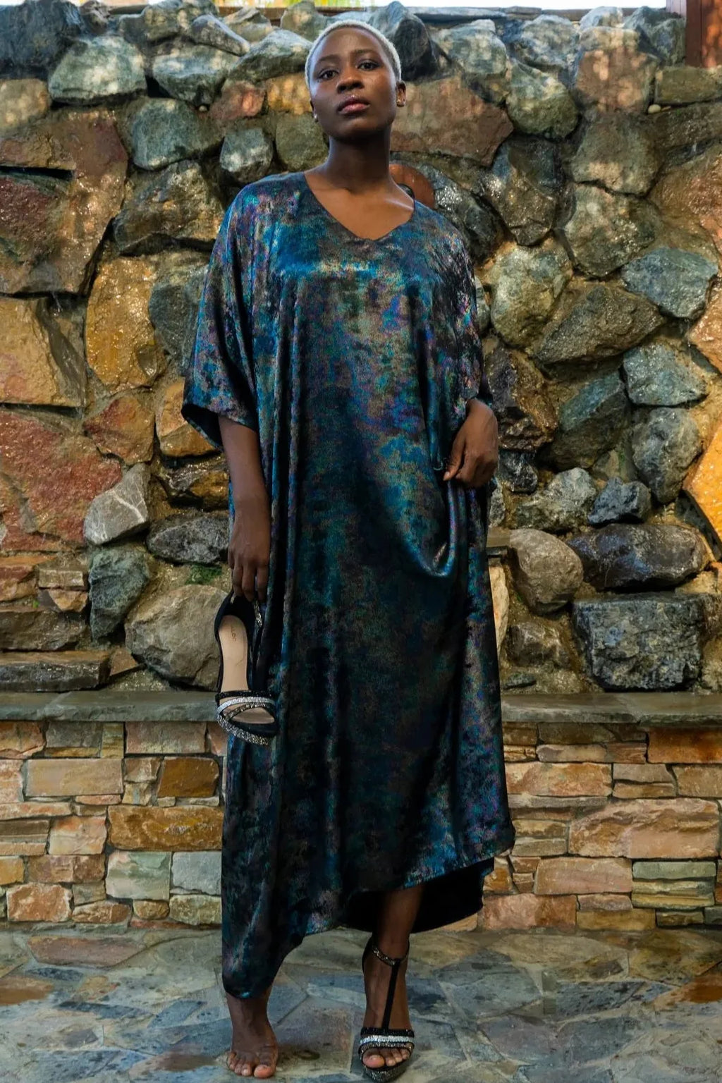 Shadow Of Sequin Shimmer Long Kaftan Dress - Rainbow Black Party Dress-1
