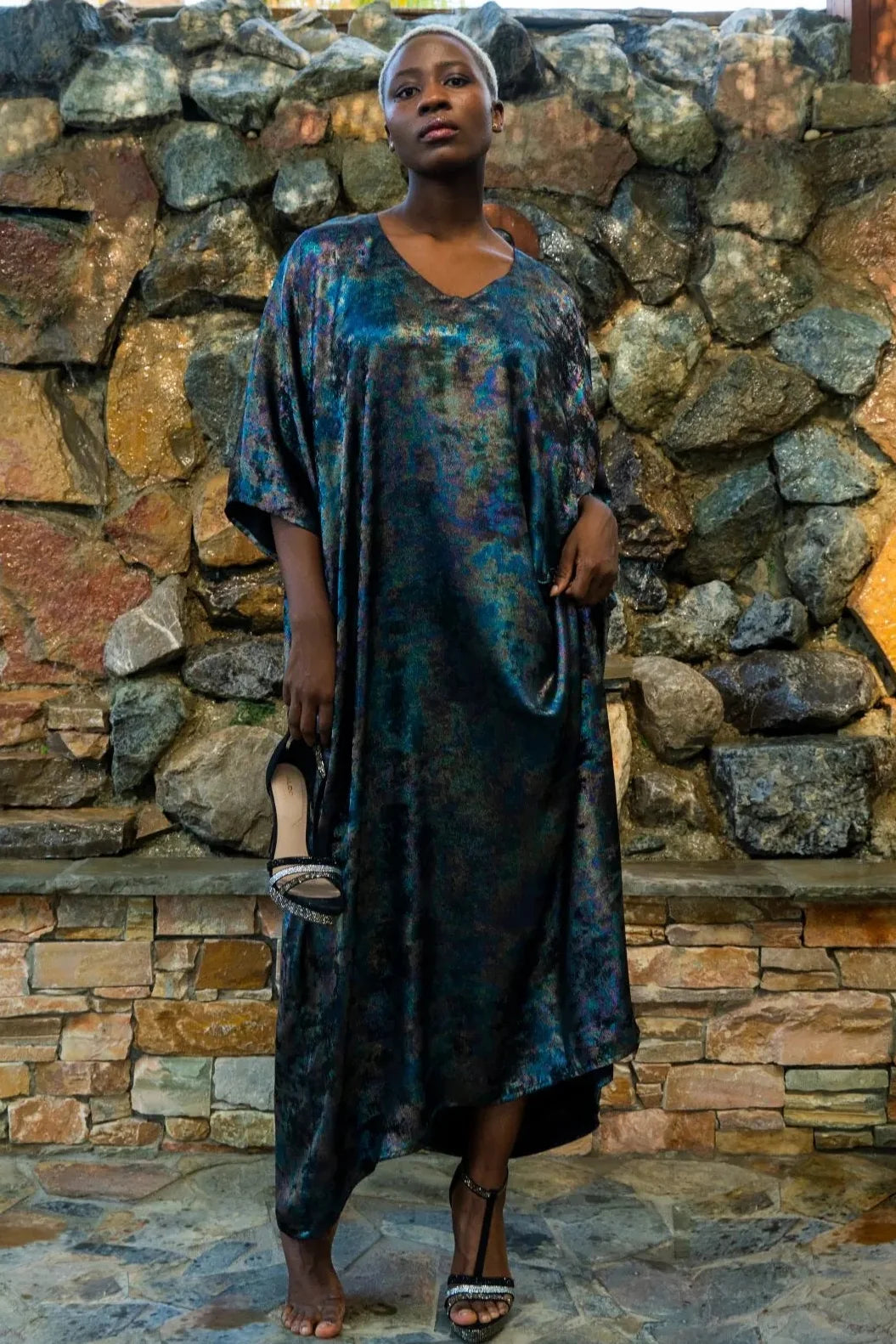 Shadow Of Sequin Shimmer Long Kaftan Dress - Rainbow Black Party Dress-1