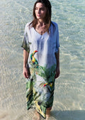 Wild Wings Bird In The Jungle Long Kaftan Dress With Side Slits - Green & Multicolor-0