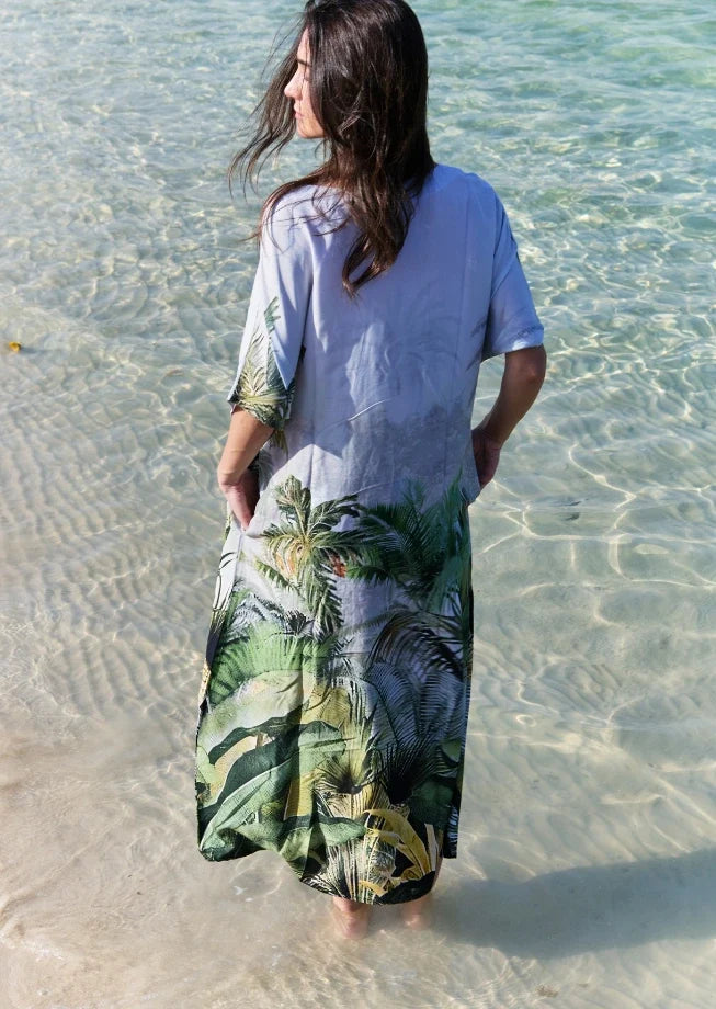 Wild Wings Bird In The Jungle Long Kaftan Dress With Side Slits - Green & Multicolor-2