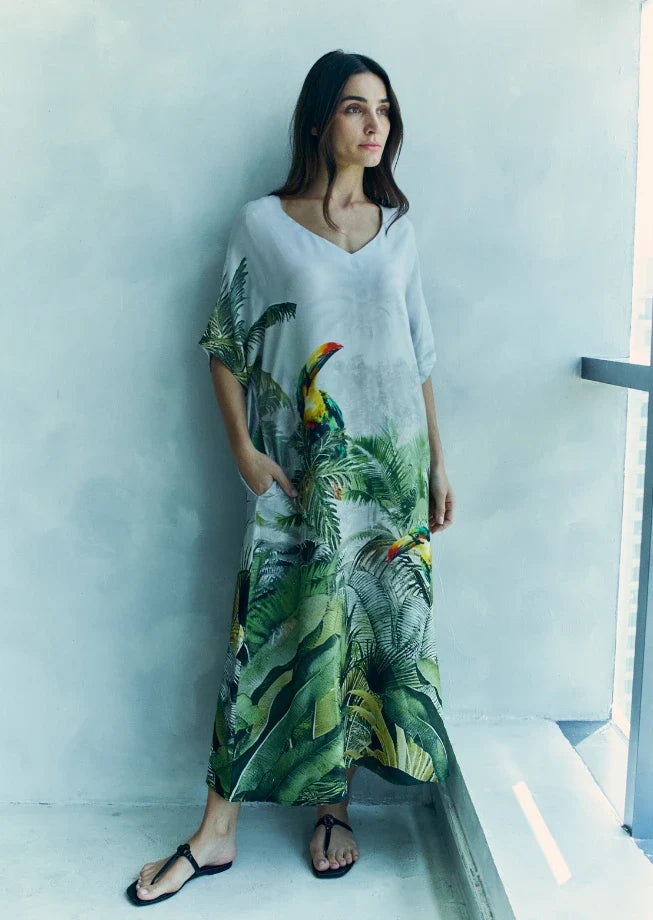 Wild Wings Bird In The Jungle Long Kaftan Dress With Side Slits - Green & Multicolor-3